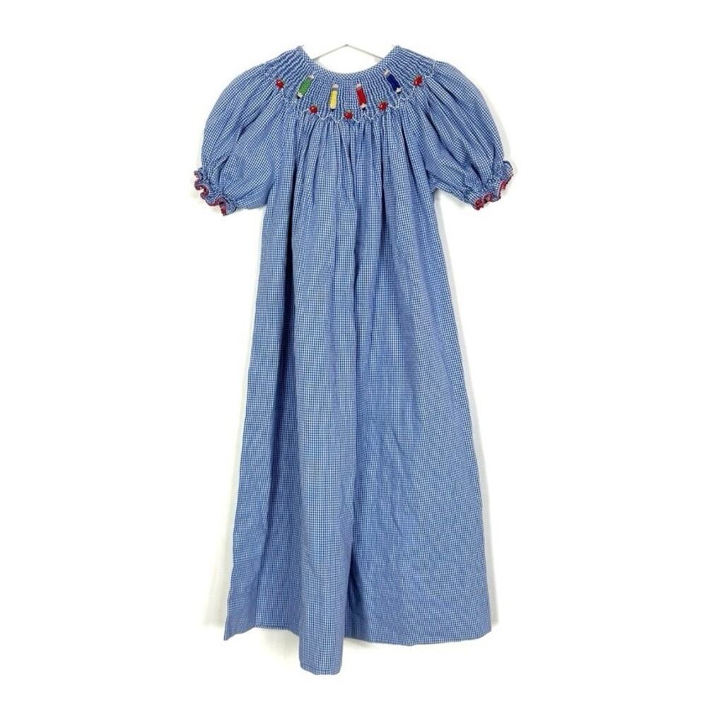 Blue Gingham Smocked Puff-Sleeve Kids Dress